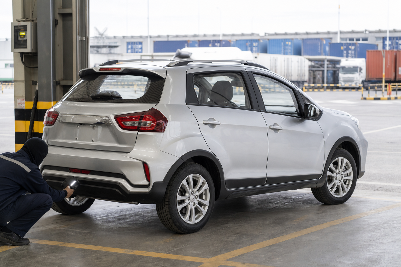 Representative silver Livan X3 Pro-style compact SUV undergoing a pre-export visual inspection
